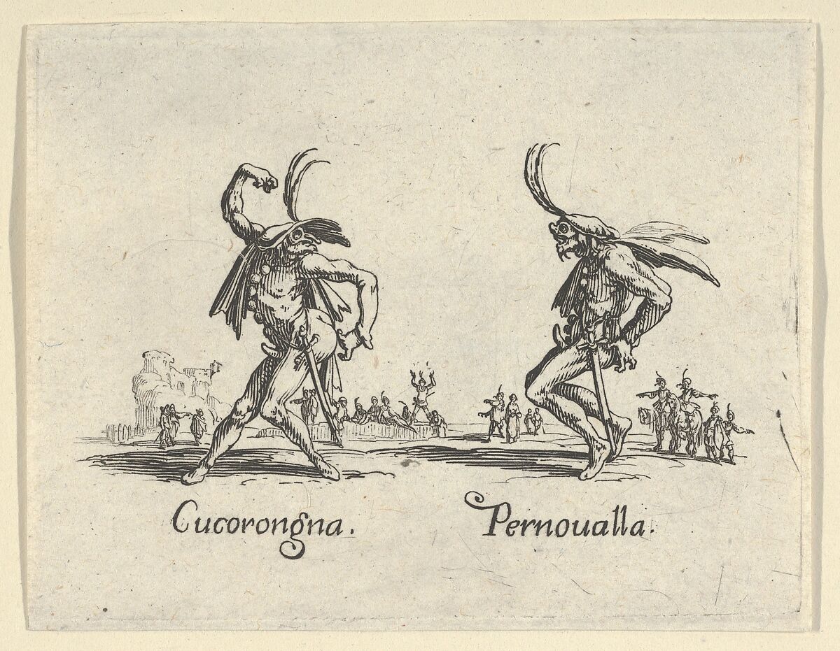Cucorongna - Pernoualla, from "Balli di Sfessania" (Dance of Sfessania), Jacques Callot (French, Nancy 1592–1635 Nancy), Etching 