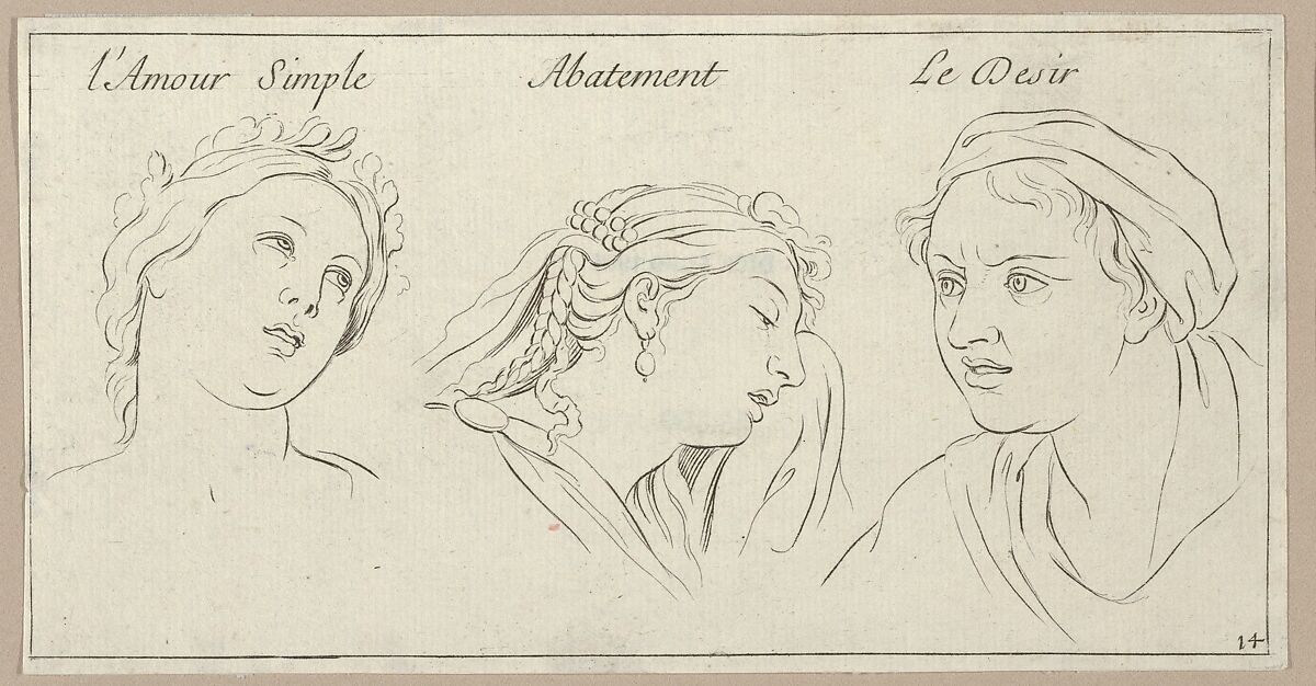 l'Amour simple, Abattement, Le Desir (from "Caractères des passions, gravés sur les desseins de l'illustre Monsieur le Brun"), Sébastien Le Clerc, le Jeune (French, Paris 1676–1763 Gobelins), Etching 