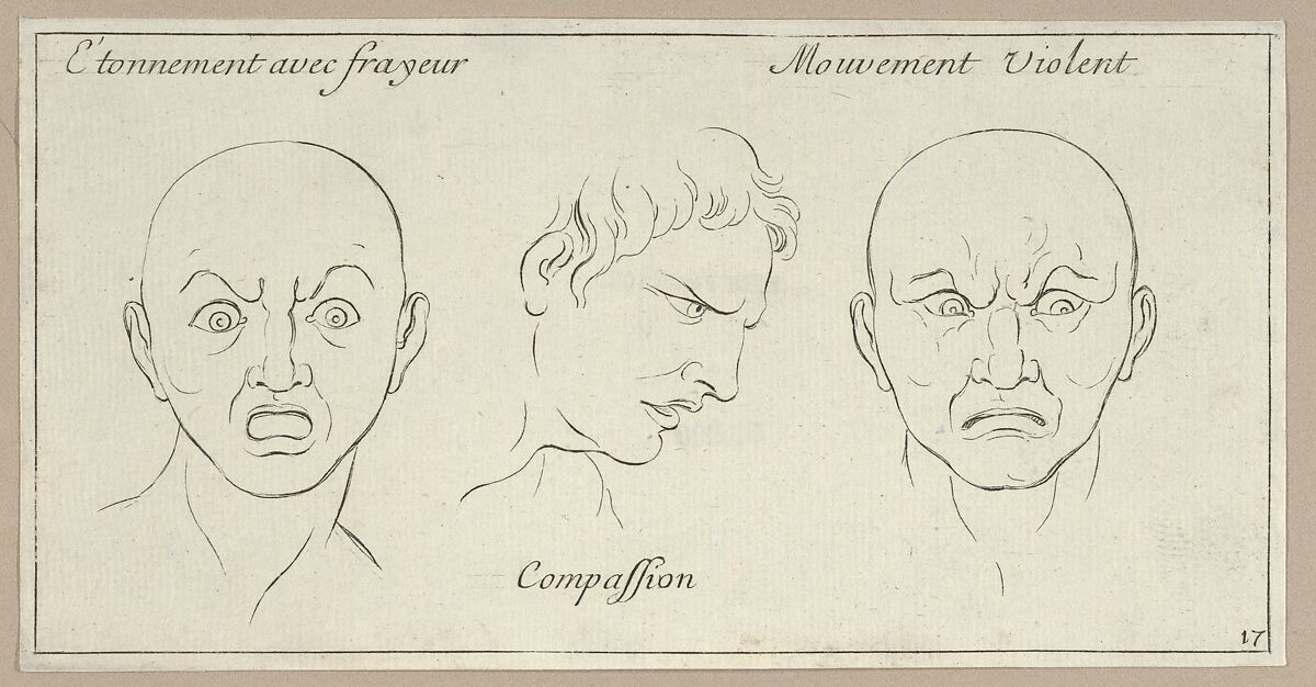 Étonnement avec frayeur, Compassion, Mouvement Violent (from Caractères des passions, gravés sur les desseins de l'illustre Monsieur le Brun), Sébastien Le Clerc, le Jeune (French, Paris 1676–1763 Gobelins), Etching 