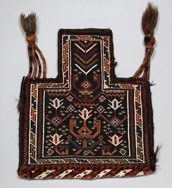 Salt Bag, Wool (warp, ground weft, sumak weft, and pile), cotton (white sumak weft and white pile), and goat(?) hair (side finishes); sumak extra-weft wrapping (front); symmetrically knotted pile (bottom edge); weft-faced plain weave with pattern in sumak extra-weft wrapping (back); wrapped warp tassels 