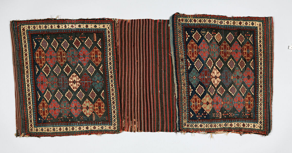 Complete Double Saddle Bag (Khorjin), Wool; sumak brocaded (fronts), tapestry weave (backs) 