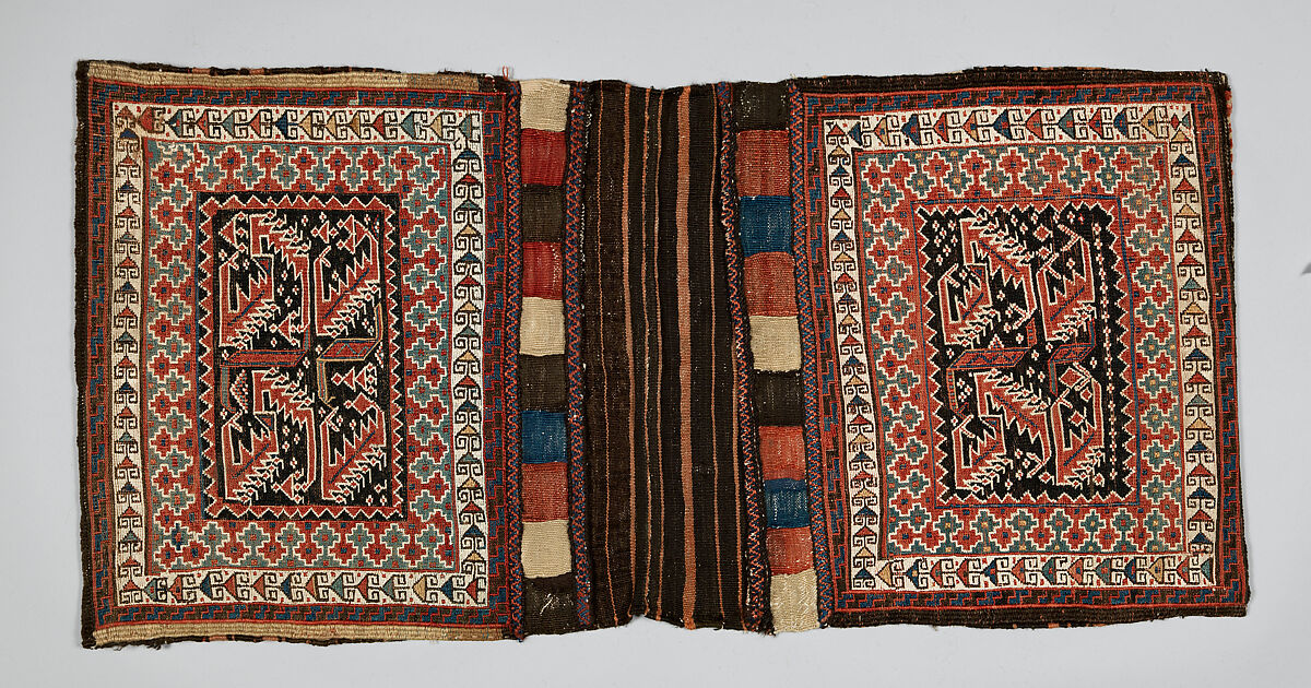 Double Saddle Bag (Khorjin), Wool and cotton; sumak brocaded, wool slit tapestry weave 