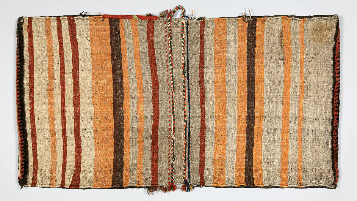 Double Saddle Bag (Khorjin), Wool (warp, weft, and pile); symmetrically knotted pile and slit tapestry (kilim) closure (front); weft-faced plain weave with twined and braided loop closures (back)