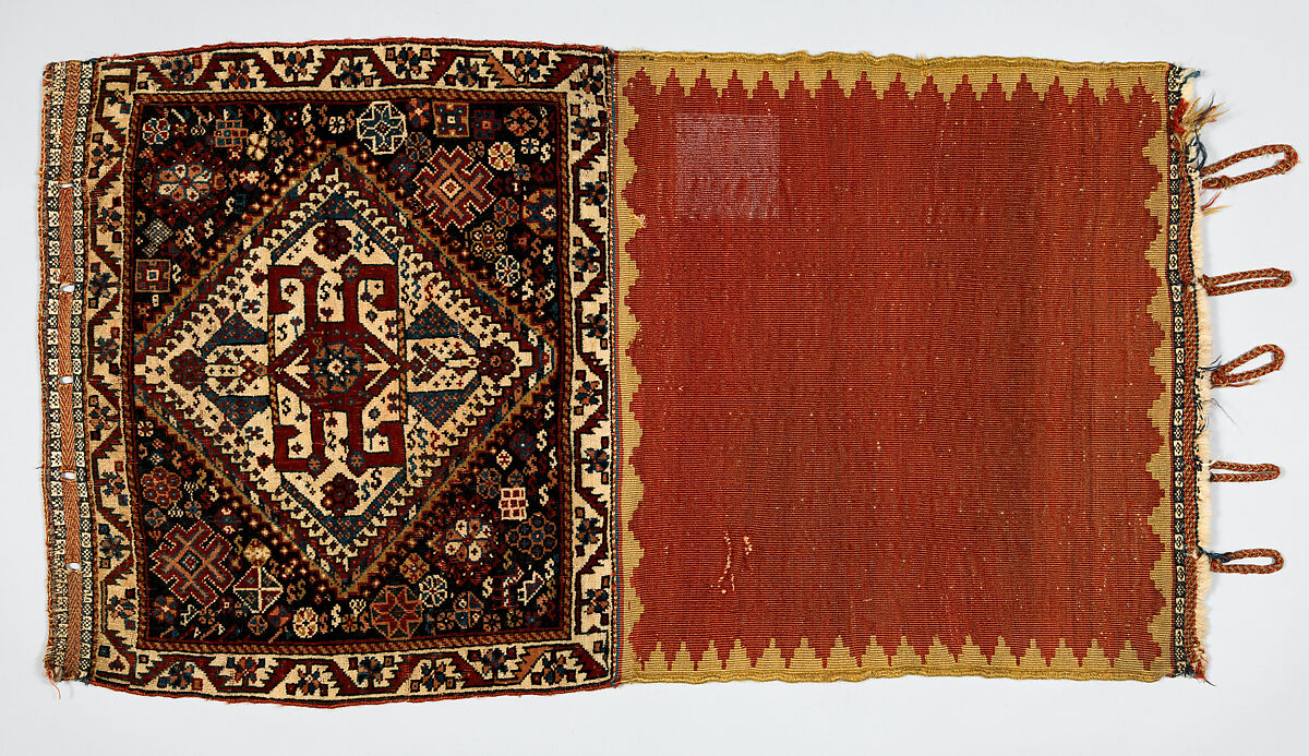 Half a Double Saddle Bag (Khorjin), Wool (warp, ground weft, and pile); asymmetrically knotted pile and closure border in complementary weft weave (front); slit tapestry (kilim) with border pattern in complementary weft weave, and twined and braided loop closures (back) 