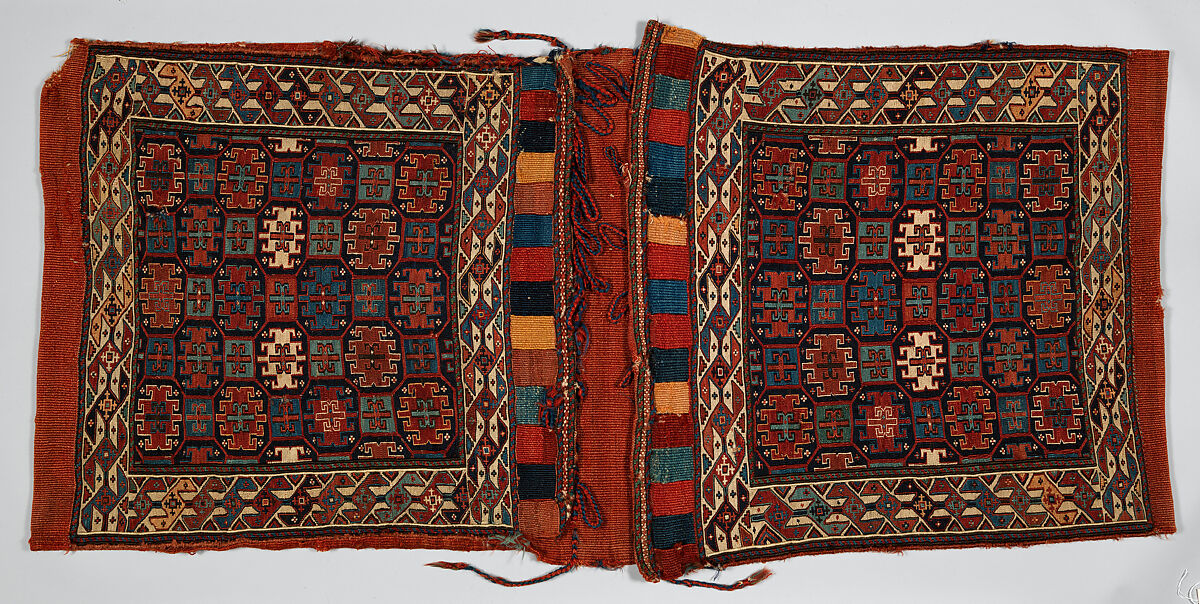 Double Saddle Bag (Khorjin), Wool (warp, weft, and sumak weft) and goat(?) hair (sumak weft); sumak extra-weft wrapping, weft-faced plain weave, and slit tapestry (kilim) closure (front); weft-faced plain weave and braided loop closures (back) 