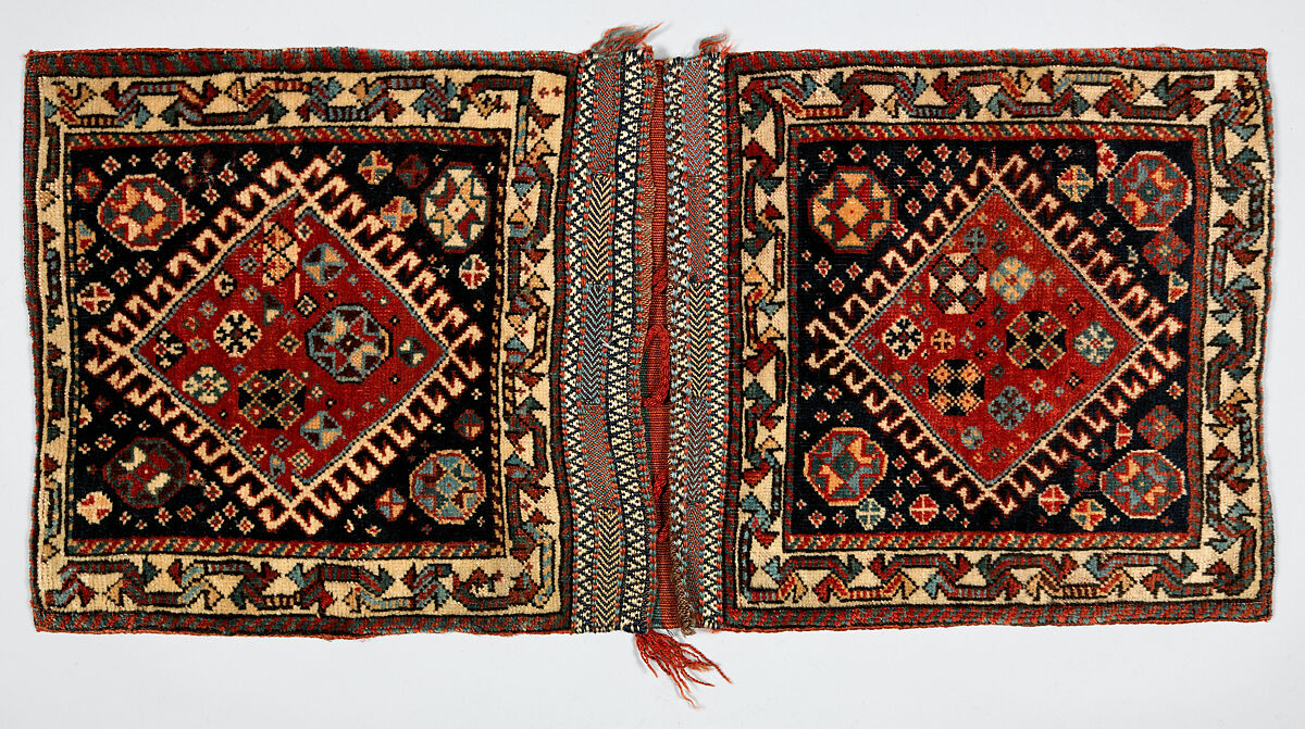 Double Saddle Bag (Khorjin), Wool; pile weave (front), doublecloth, tapestry weave (back), sumak brocaded 