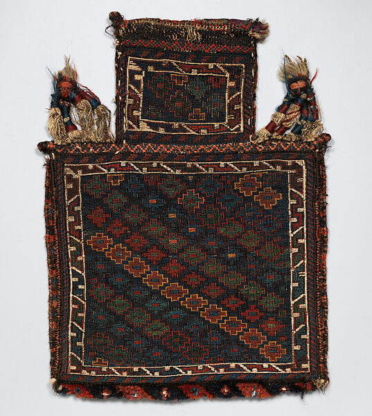 Salt Bag with Tassels, Wool; sumak brocaded (front), tapestry weave (back), pile weave (bottom), asymmetrically knotted pile 