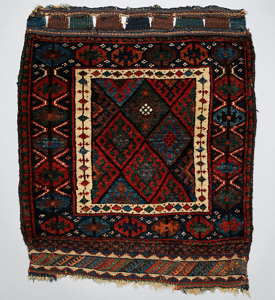 Face of Half of Double Saddle Bag (Khorjin), Wool; pile weave, asymmetrically knotted pile, tapestry weave, brocaded 