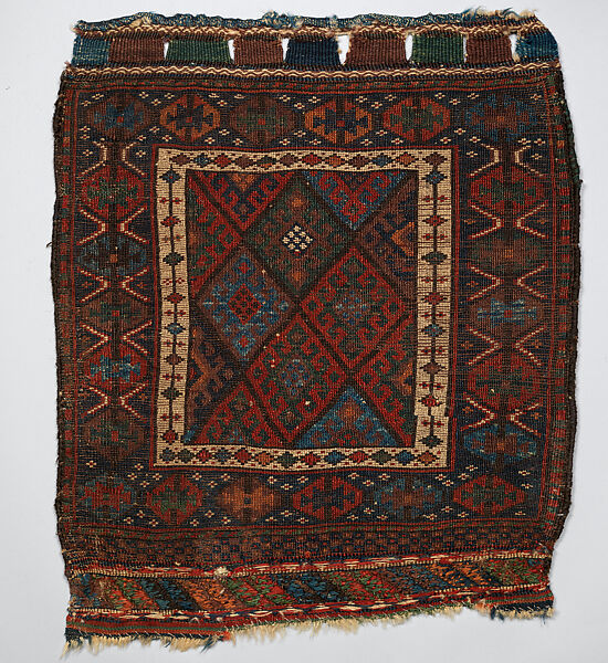 Face of Half of Double Saddle Bag (Khorjin), Wool; pile weave, asymmetrically knotted pile, tapestry weave, brocaded