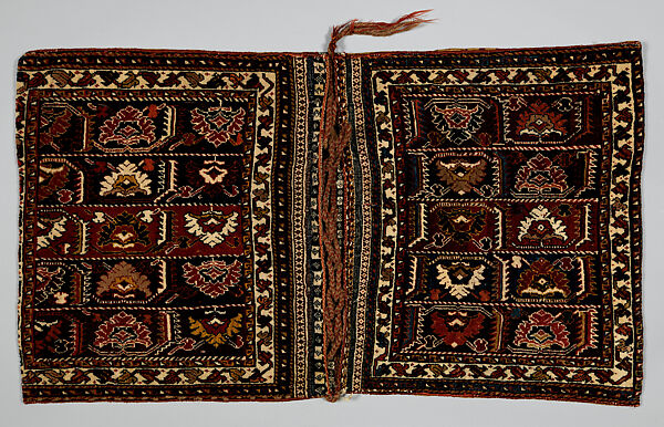 Double Saddle Bag (Khorjin), Wool; pile weave, brocaded (front), wool tapestry weave (back), doublecloth 