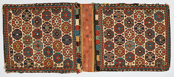Double Saddlebag (Khorjin), Wool (warp and sumak weft), cotton (ground weft), and goat(?) hair (sumak weft); sumak extra-weft wrapping and slit tapestry (kilim) closure (front); weft-faced plain weave with pattern in supplementary brocaded weft (back) 