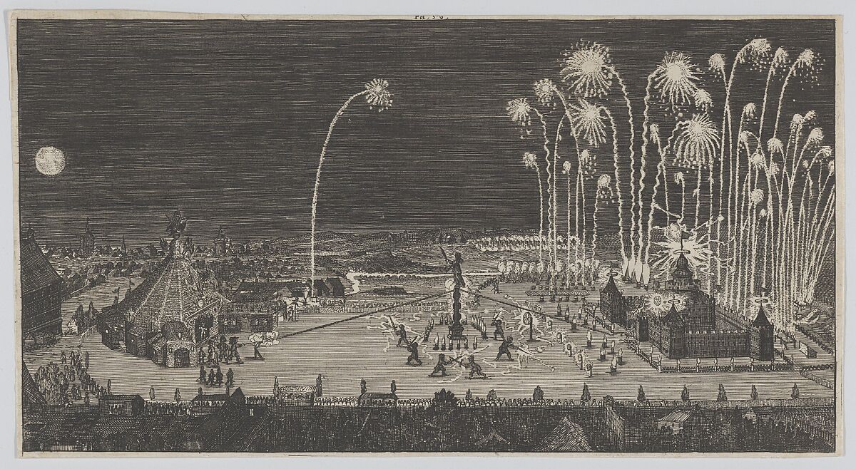 Fireworks display celebrating the end of the Thirty Years War, Nuremberg, Anonymous, Etching 