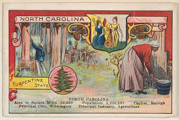 North Carolina, postcard from the Cards of States series (D22), issued by the Cushman Bread Company, Issued by Cushman Bread Company, Commercial color lithograph 