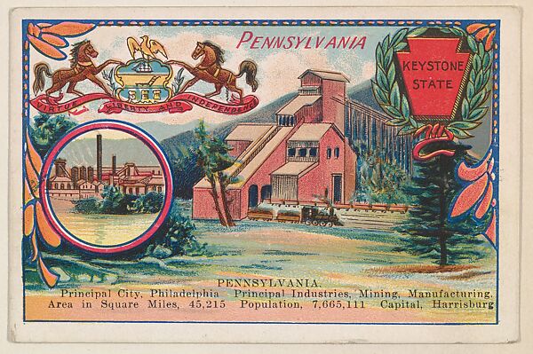 Pennsylvania, postcard from the Cards of States series (D22), issued by the Cushman Bread Company, Issued by Cushman Bread Company, Commercial color lithograph 