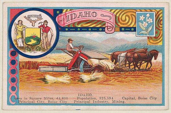 Idaho, postcard from the Cards of States series (D22), issued by the Cushman Bread Company, Issued by Cushman Bread Company, Commercial color lithograph 