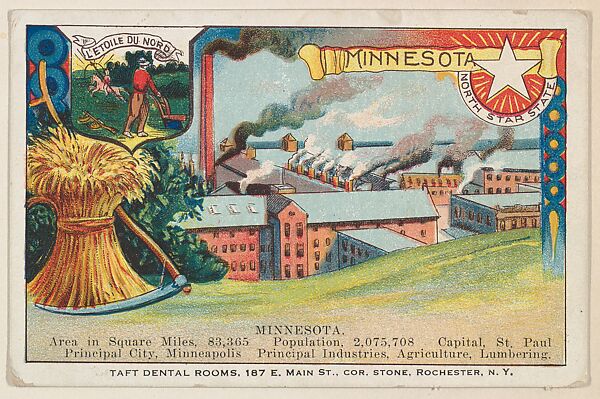 Minnesota, postcard from the Cards of States series (D22), issued by the Cushman Bread Company, Issued by Cushman Bread Company, Commercial color lithograph 