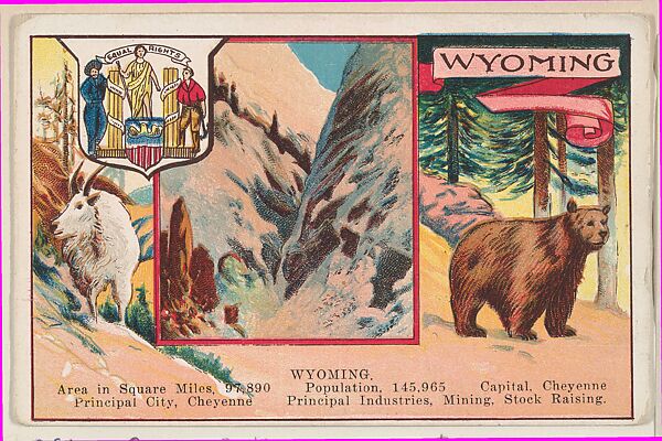 Wyoming, postcard from the Cards of States series (D22), issued by the Cushman Bread Company, Issued by Cushman Bread Company, Commercial color lithograph 