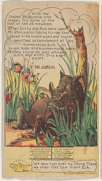 Indian Rhinoceros, Asia, collector card from the Dotty, Bob and Trix Cards series (D27), issued by the Pryor Baking Company, Issued by Pryor Baking Company, Commercial color lithograph 