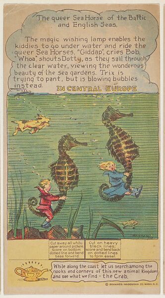 The Queer Sea Horse of the Baltic and English Seas, Central Europe, collector card from the Dotty, Bob and Trix Cards series (D27), issued by the Pryor Baking Company, Issued by Nafziger Baking Company, Kansas City, Missouri, Commercial color lithograph 