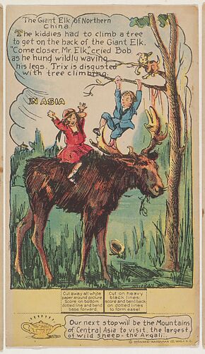 The Giant Elk of Northern China, Asia, collector card from the Dotty, Bob and Trix Cards series (D27), issued by the Pryor Baking Company