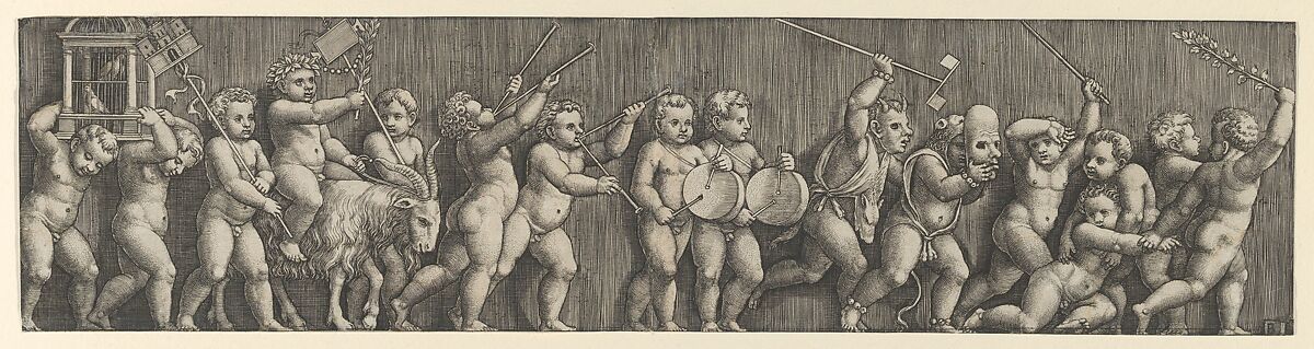 A frieze arrangement with a putto weating a laurel crown riding a goat at left and many infants playing musical instruments in front, Master of the Die (Italian, active Rome, ca. 1530–60), Engraving 