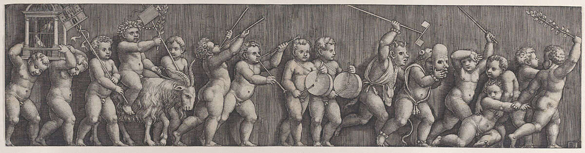 A frieze arrangement with a putto weating a laurel crown riding a goat at left and many infants playing musical instruments in front, Master of the Die (Italian, active Rome, ca. 1530–60), Engraving
