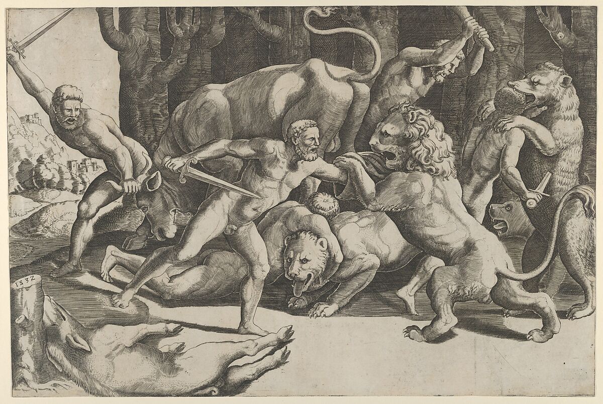 Five men fighting beasts, at lower left is a fallen boar, Master of the Die (Italian, active Rome, ca. 1530–60), Engraving 