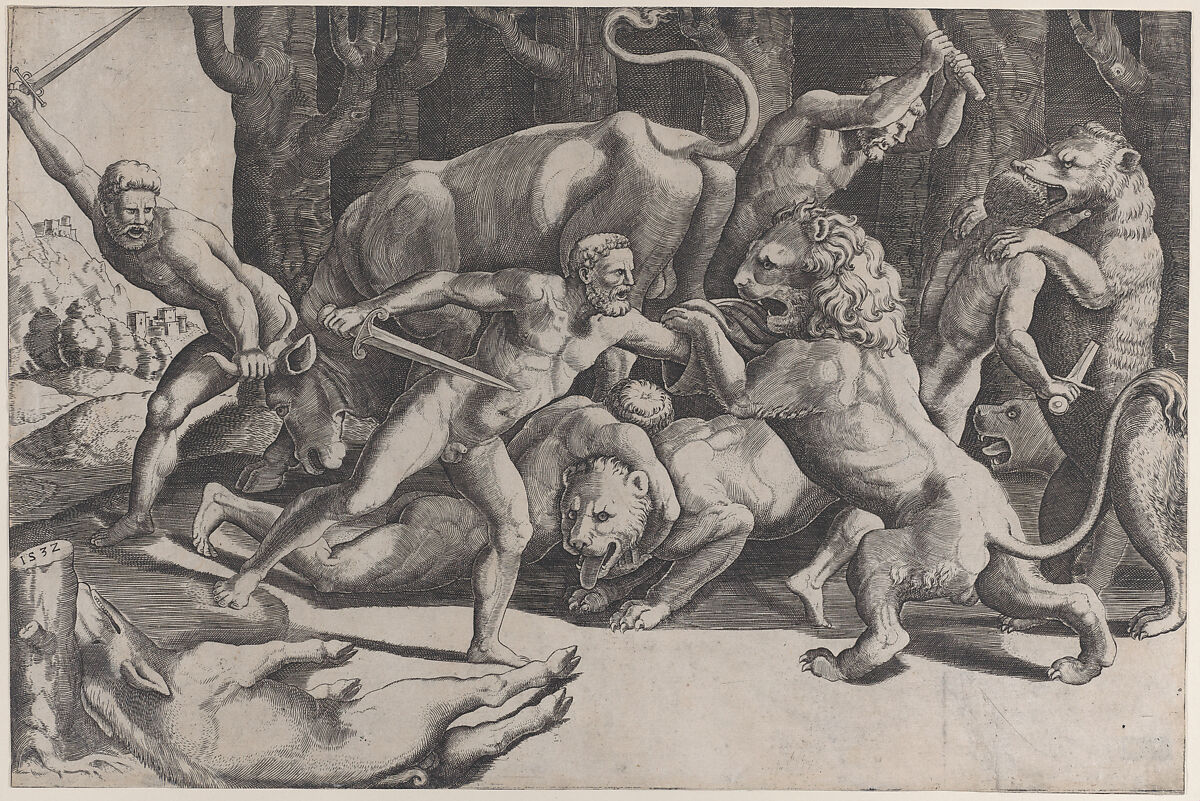 Five men fighting beasts, at lower left is a fallen boar, Master of the Die (Italian, active Rome, ca. 1530–60), Engraving