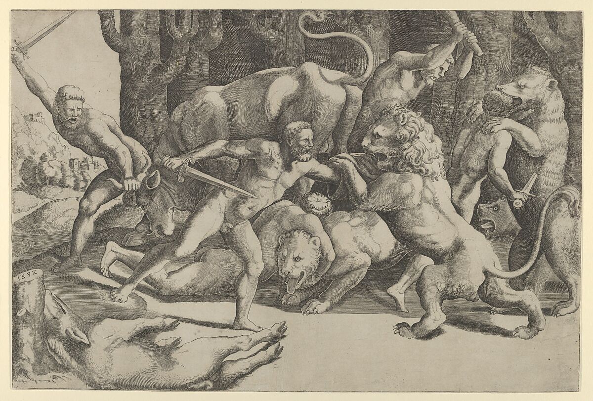 Five men fighting beasts, at lower left is a fallen boar, Master of the Die (Italian, active Rome, ca. 1530–60), Engraving 