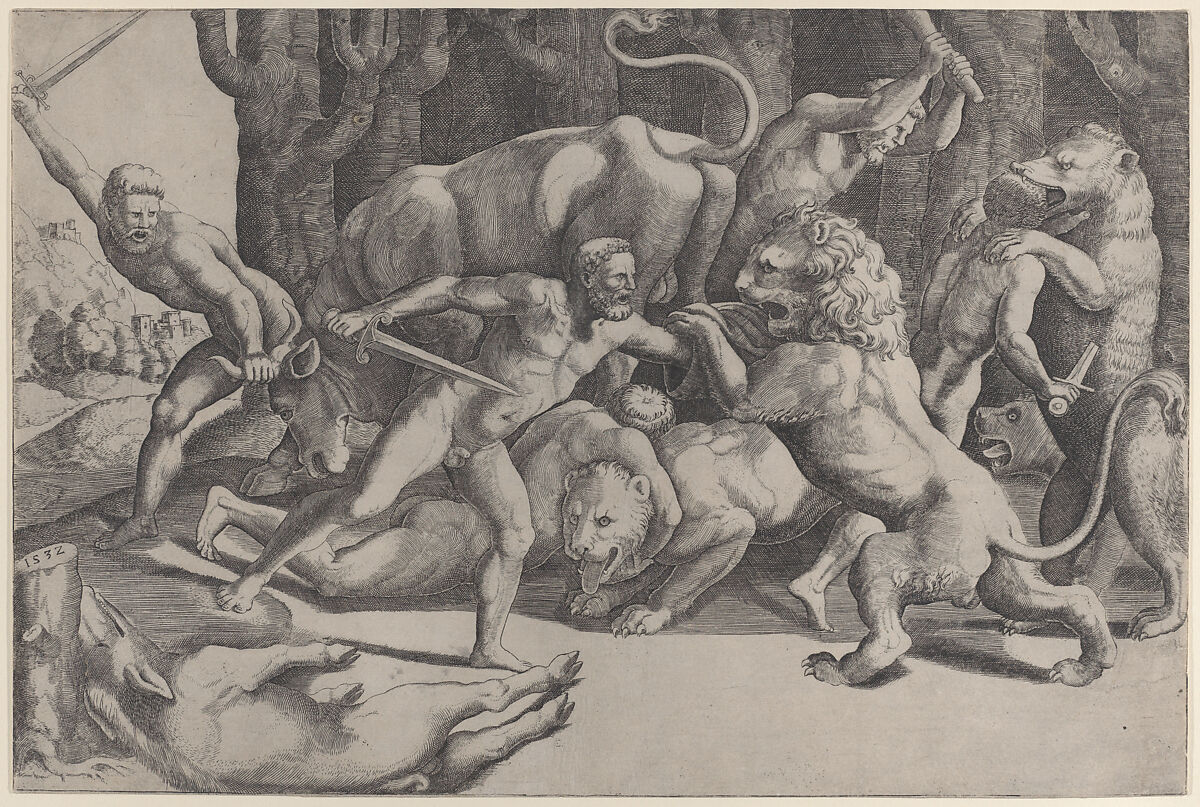Five men fighting beasts, at lower left is a fallen boar, Master of the Die (Italian, active Rome, ca. 1530–60), Engraving