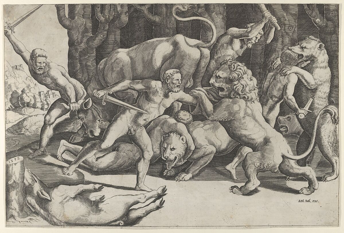 Five men fighting beasts, at lower left is a fallen boar, Master of the Die (Italian, active Rome, ca. 1530–60), Engraving 