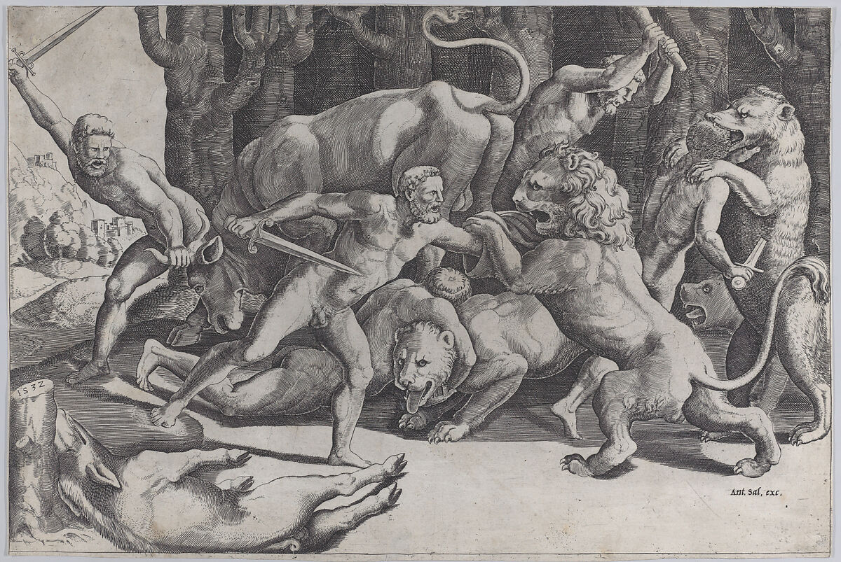 Five men fighting beasts, at lower left is a fallen boar, Master of the Die (Italian, active Rome, ca. 1530–60), Engraving