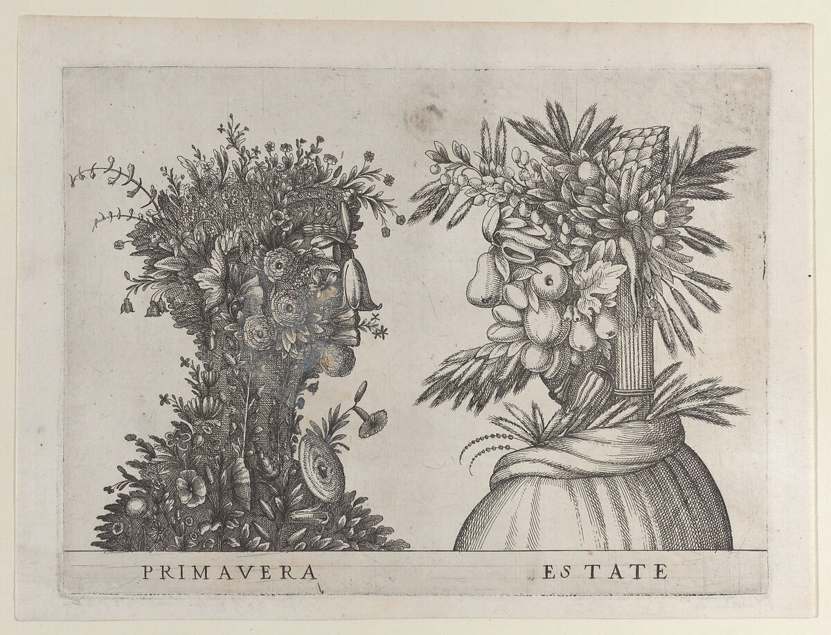 Spring and Summer: two heads made from flora typical of those seasons, Anonymous, Italian, 16th to early 17th century, Etching 