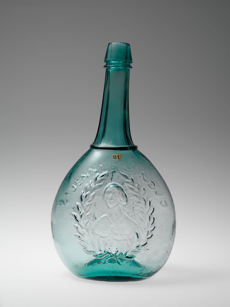 Figured bottle, Probably Isabella Glass Works/ New Brooklyn Glass Works (ca. 1850–1876), Blown-molded glass, American