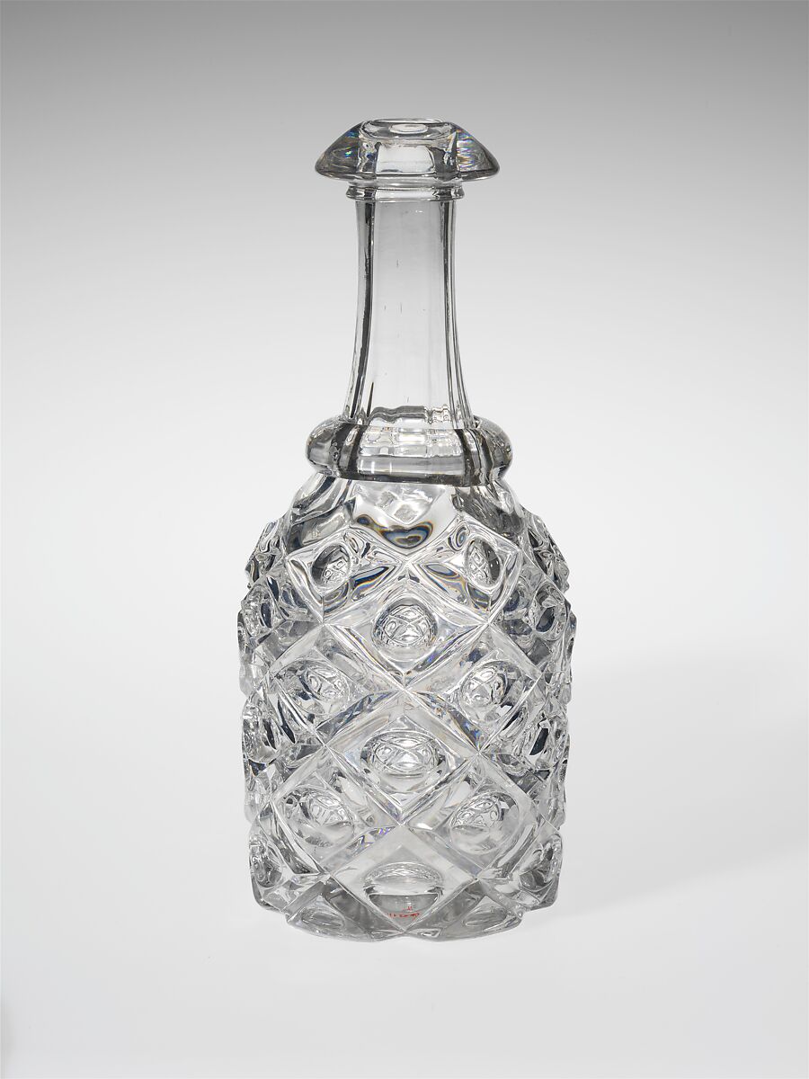 Quart Decanter, Pressed glass, diamond thumbprint, American 