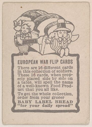 Card verso, bakery insert from the European War Flip Cards series (D28), issued by the Welle-Boettler Bakery Company