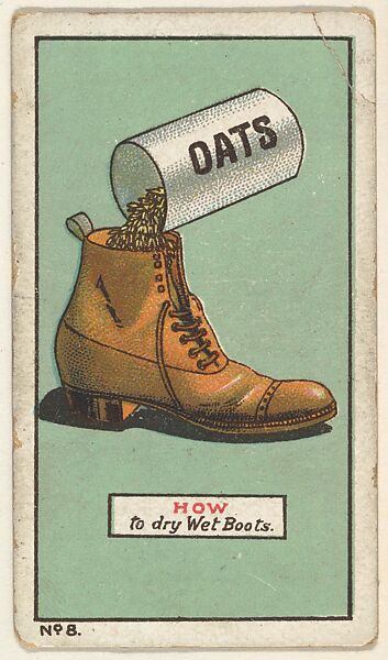 How to Dry Wet Boots, No. 8, bakery insert card from the How To Do It series (D45), issued by the Welle-Boettler Bakery Company, Issued by Welle-Boettler Bakery Company, Commercial color lithograph 