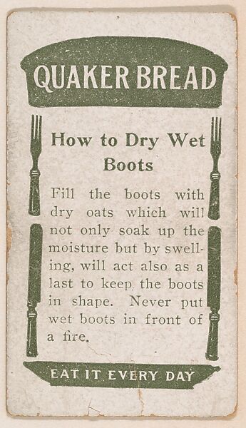 How to Dry Wet Boots, No. 8, card verso, bakery insert card from the How To Do It series (D45), issued by the Welle-Boettler Bakery Company, Issued by Welle-Boettler Bakery Company, Commercial color lithograph 