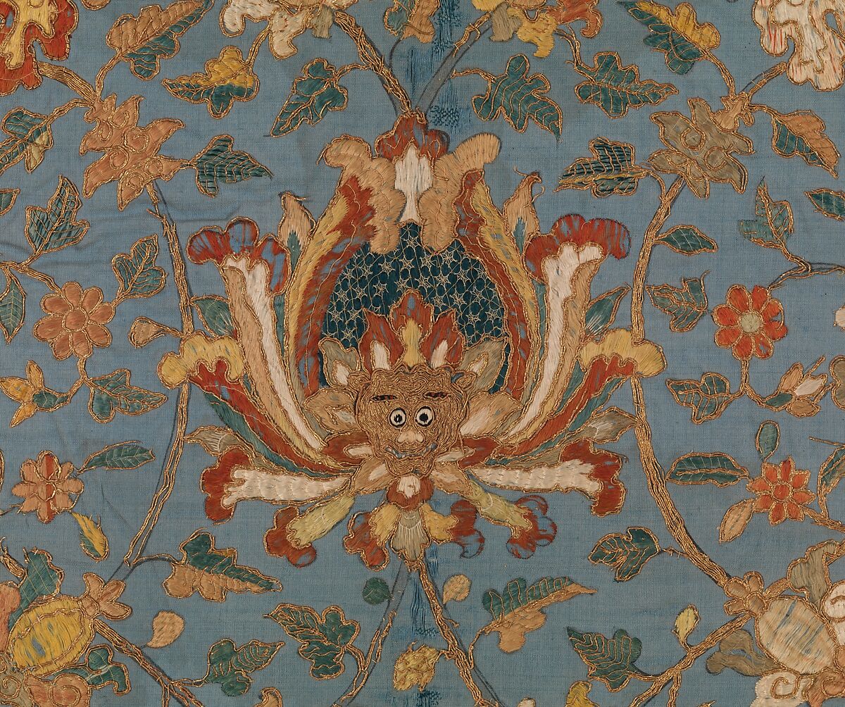 Furniture Cover for Table, Silk and metal thread embroidery on plain weave silk; lined with cotton, China for British or Persian market (?)