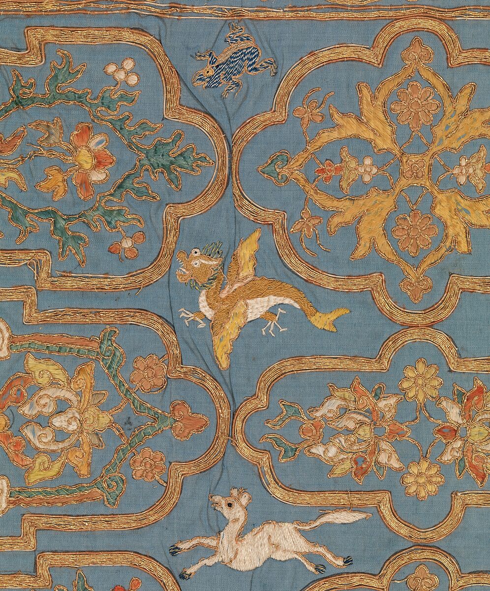 Furniture Cover for Table, Silk and metal thread embroidery on plain weave silk; lined with cotton, China for British or Persian market (?)