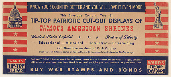 United States Capitol, Statue of Liberty, bakery insert card envelope from the Famous American Shrines series (D29), issued by the Ward Baking Company, Issued by Ward Baking Company, Commercial color lithograph 