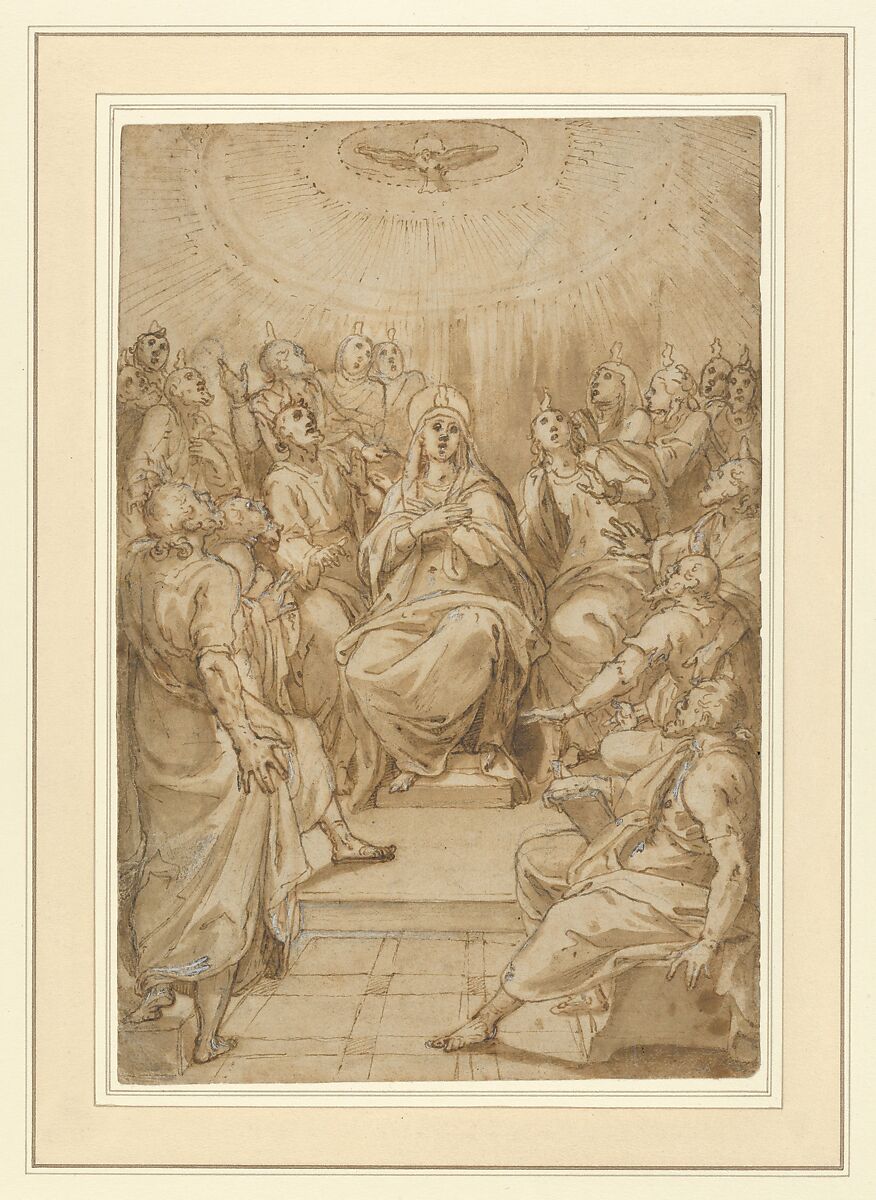 The Pentecost (The Descent of the Holy Spirit), Cesare Nebbia (Italian, Orvieto ca. 1536–1614 Orvieto), Pen and brown ink, brush and brown wash, highlighted with white gouache, over black chalk 
