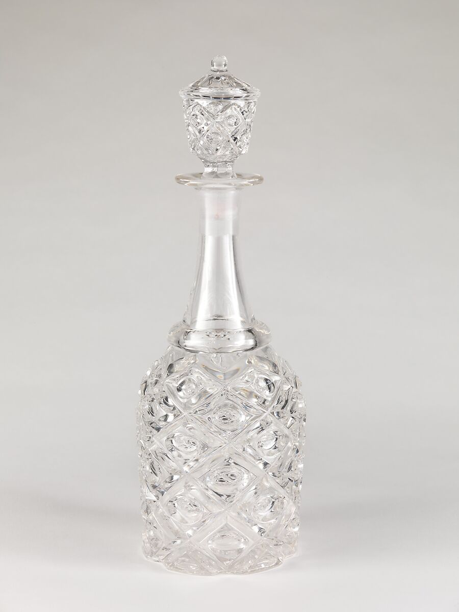 Quart decanter, Pressed glass, diamond thumbprint, American 