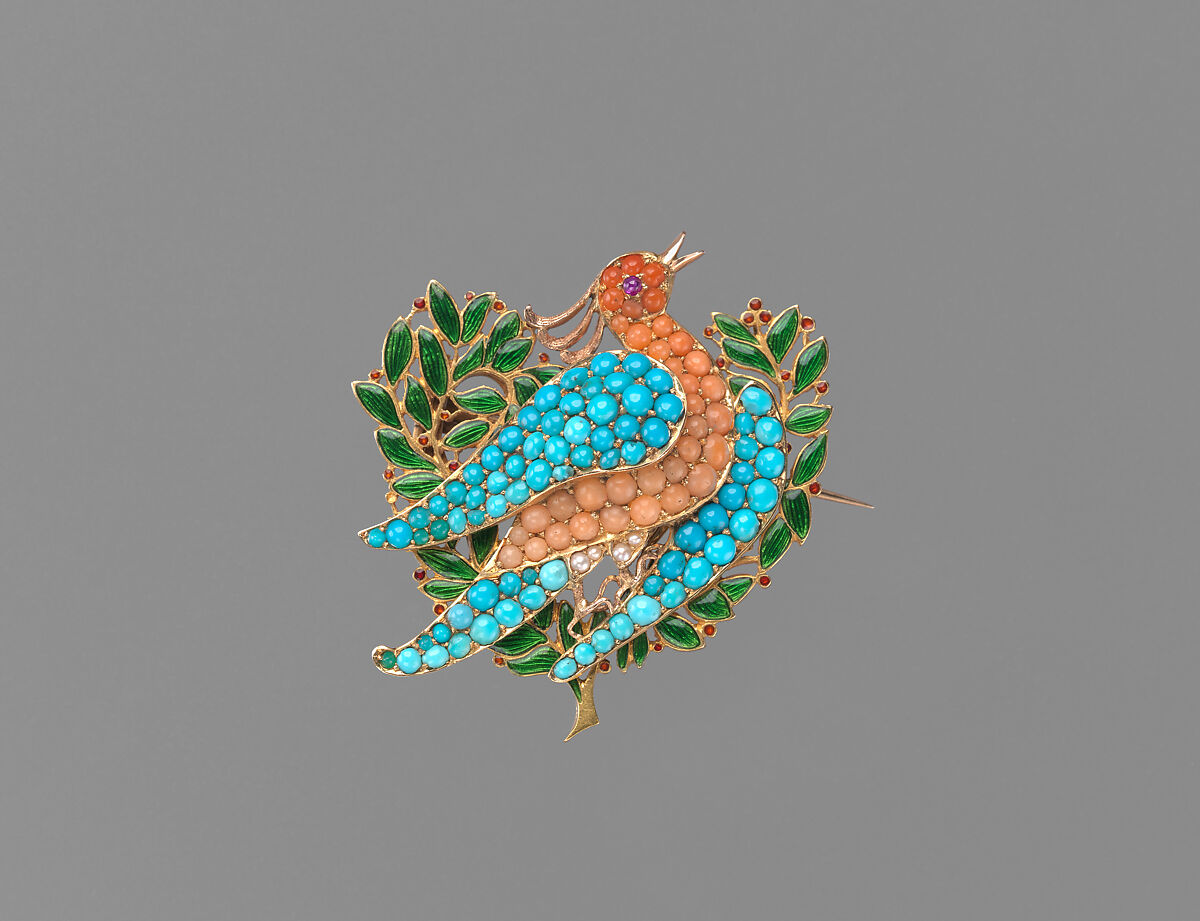 Brooch in the form of a dove on an olive branch, Sir Edward Burne-Jones (British, Birmingham 1833–1898 Fulham), Gold, coral, turquoise, seed pearls, ruby, red and green translucent enamel, British 