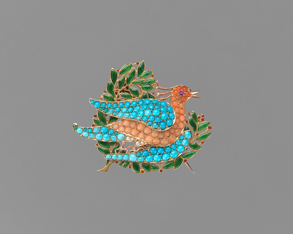 Brooch in the form of a dove on an olive branch, Sir Edward Burne-Jones (British, Birmingham 1833–1898 Fulham), Gold, coral, turquoise, seed pearls, ruby, red and green translucent enamel, British