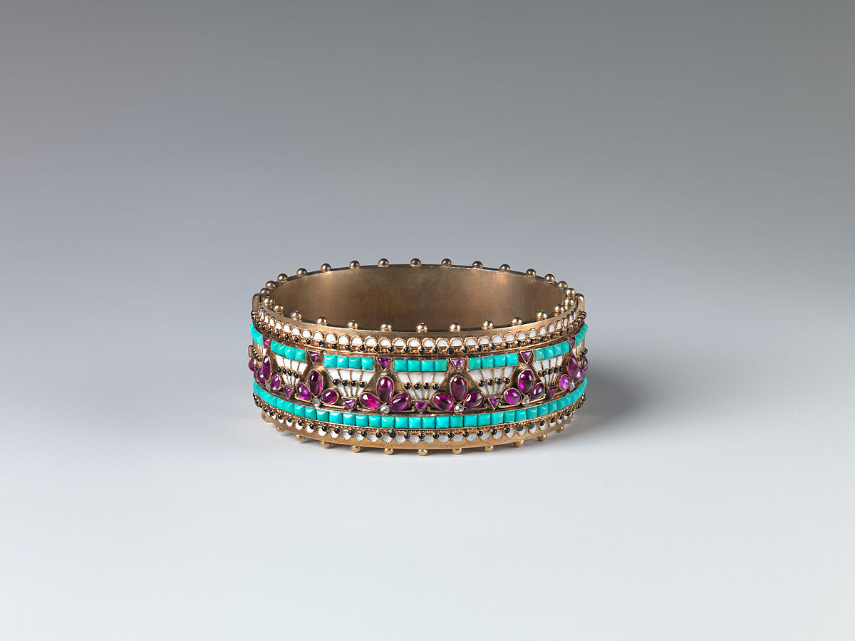 Egyptian Revival demi-parure, Carlo Giuliano (Italian, active England, ca. 1831–1895), Gold, turquoise, ruby, rose-cut diamond, enamel, seed pearl, British