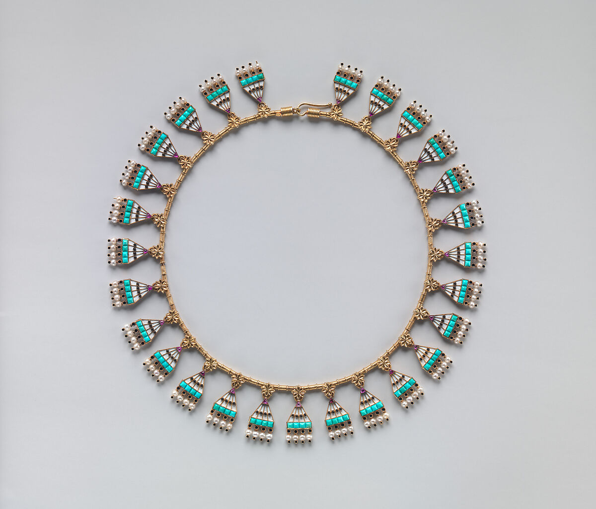 Egyptian Revival demi-parure, Carlo Giuliano (Italian, active England, ca. 1831–1895), Gold, turquoise, ruby, rose-cut diamond, enamel, seed pearl, British