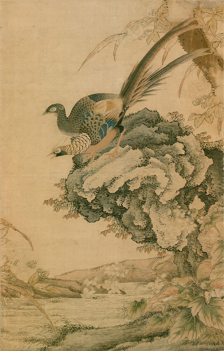 Two Pheasants on a Rock, Silk and metallic thread tapestry (kesi) with ink and color, China 