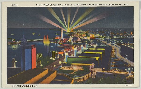 Night View of World’s Fair Grounds from Observation Platform of Sky Ride, Chicago World’s Fair, Max Rigot Selling Company  American, Offset lithograph