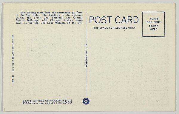 Night View of World’s Fair Grounds from Observation Platform of Sky Ride, Chicago World’s Fair, Max Rigot Selling Company, Offset lithograph